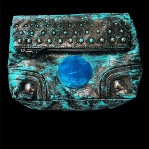 Custom Painted Distressed Blue Leather Clutch